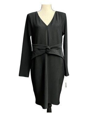 DKNY Black V-Neck Long Sleeve Knot Waist Dress Size 16
